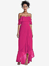 Front View Thumbnail - Think Pink Off-the-Shoulder Ruffled High Low Maxi Dress
