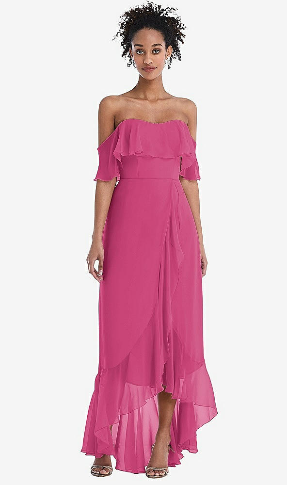 Front View - Tea Rose Off-the-Shoulder Ruffled High Low Maxi Dress