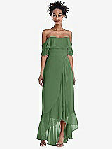 Front View Thumbnail - Vineyard Green Off-the-Shoulder Ruffled High Low Maxi Dress