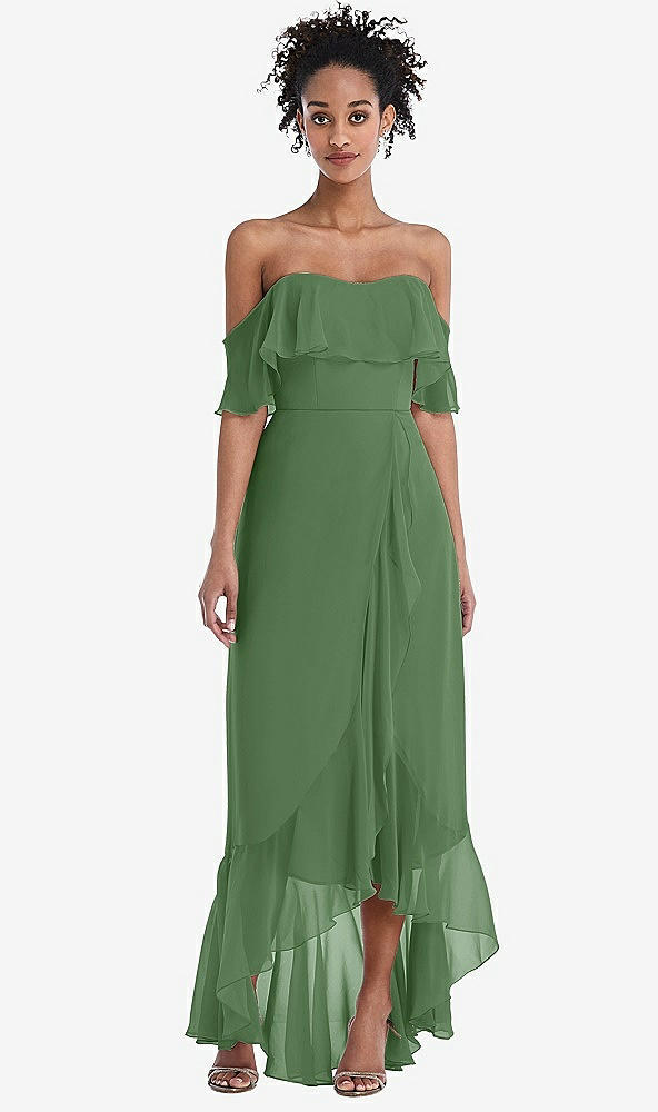 Front View - Vineyard Green Off-the-Shoulder Ruffled High Low Maxi Dress