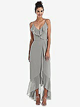 Front View Thumbnail - Chelsea Gray Ruffle-Trimmed V-Neck High Low Wrap Dress
