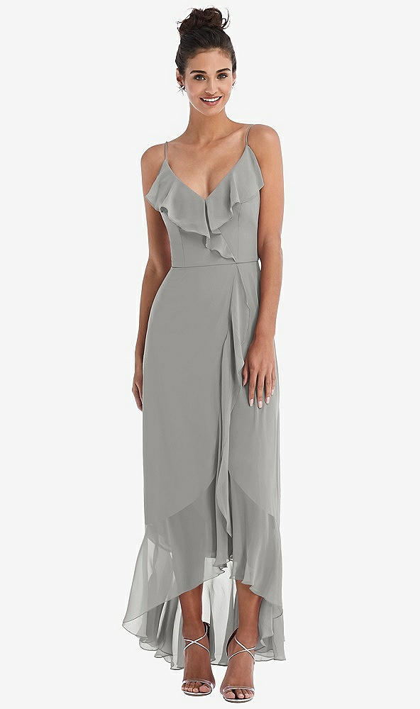 Front View - Chelsea Gray Ruffle-Trimmed V-Neck High Low Wrap Dress