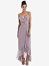 Front View Thumbnail - Lilac Dusk Ruffle-Trimmed V-Neck High Low Wrap Dress