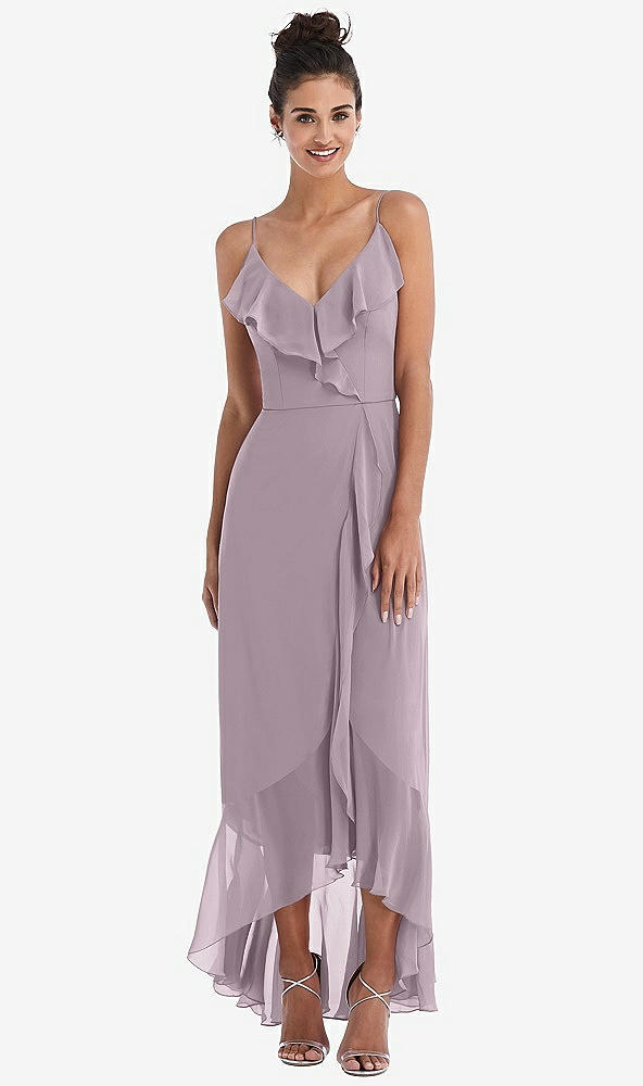 Front View - Lilac Dusk Ruffle-Trimmed V-Neck High Low Wrap Dress