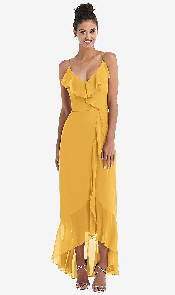 Front View - NYC Yellow Ruffle-Trimmed V-Neck High Low Wrap Dress