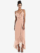 Front View Thumbnail - Pale Peach Ruffle-Trimmed V-Neck High Low Wrap Dress