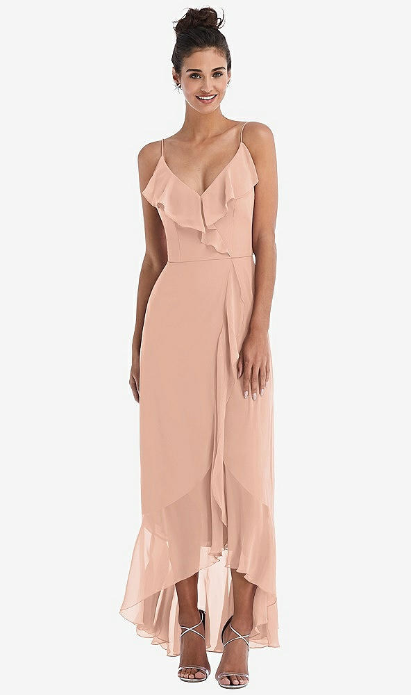Front View - Pale Peach Ruffle-Trimmed V-Neck High Low Wrap Dress