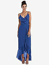 Front View Thumbnail - Classic Blue Ruffle-Trimmed V-Neck High Low Wrap Dress