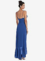 Rear View Thumbnail - Classic Blue Ruffle-Trimmed V-Neck High Low Wrap Dress