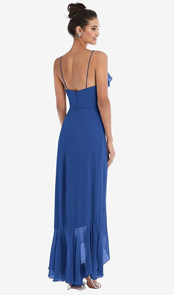 Back View - Classic Blue Ruffle-Trimmed V-Neck High Low Wrap Dress