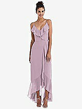Front View Thumbnail - Suede Rose Ruffle-Trimmed V-Neck High Low Wrap Dress