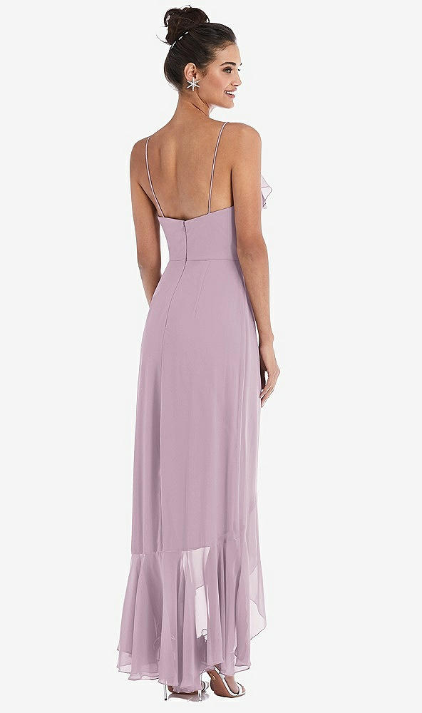 Back View - Suede Rose Ruffle-Trimmed V-Neck High Low Wrap Dress
