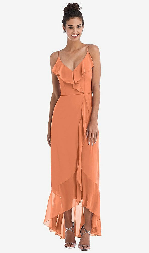 Front View - Sweet Melon Ruffle-Trimmed V-Neck High Low Wrap Dress