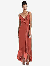 Front View Thumbnail - Amber Sunset Ruffle-Trimmed V-Neck High Low Wrap Dress