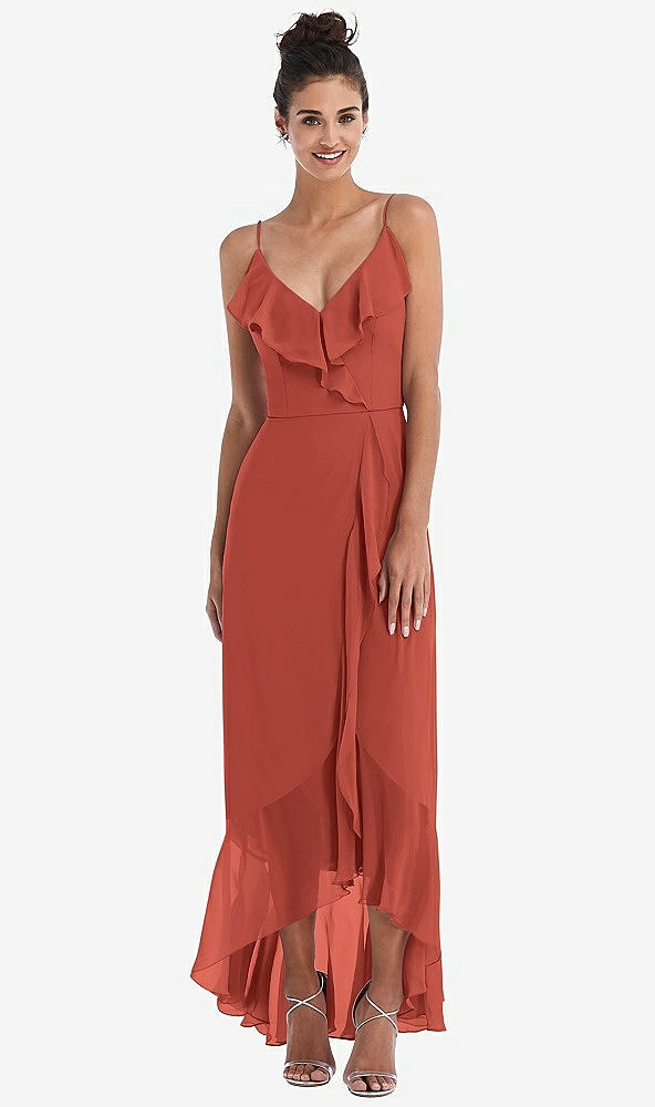 Front View - Amber Sunset Ruffle-Trimmed V-Neck High Low Wrap Dress