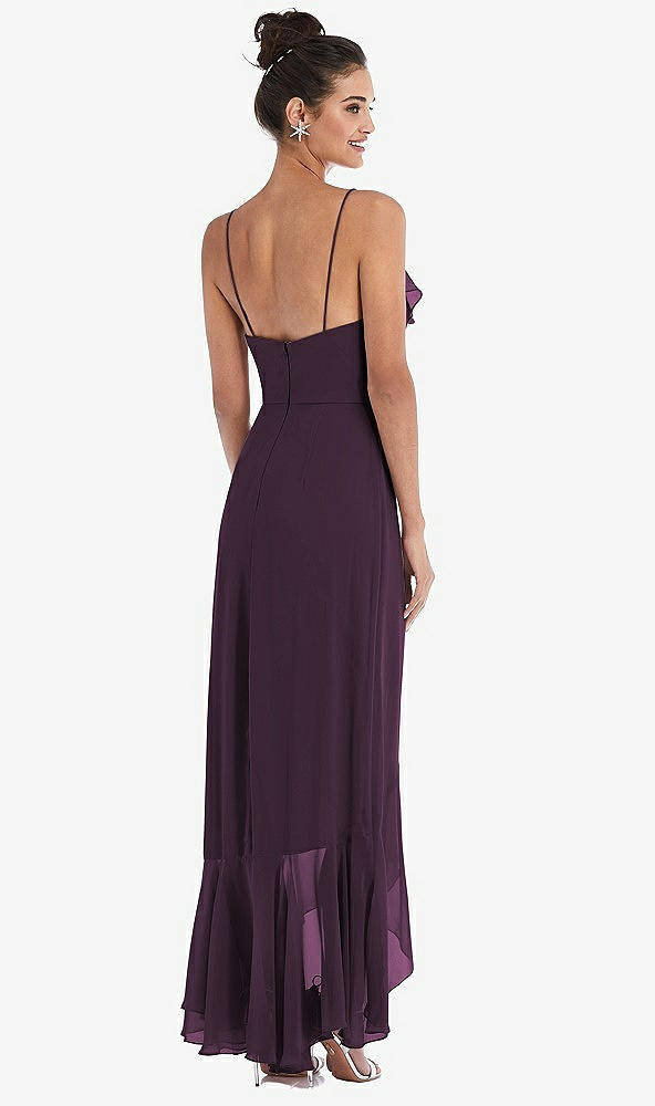 Back View - Aubergine Ruffle-Trimmed V-Neck High Low Wrap Dress