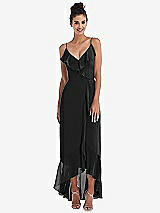Front View Thumbnail - Black Ruffle-Trimmed V-Neck High Low Wrap Dress