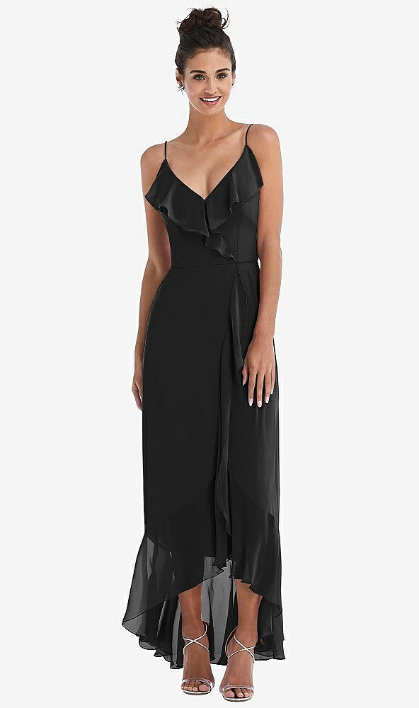 Front View - Black Ruffle-Trimmed V-Neck High Low Wrap Dress