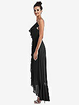 Side View Thumbnail - Black Ruffle-Trimmed V-Neck High Low Wrap Dress