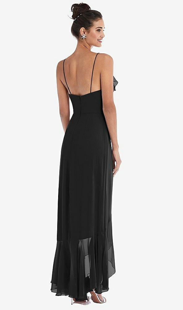 Back View - Black Ruffle-Trimmed V-Neck High Low Wrap Dress