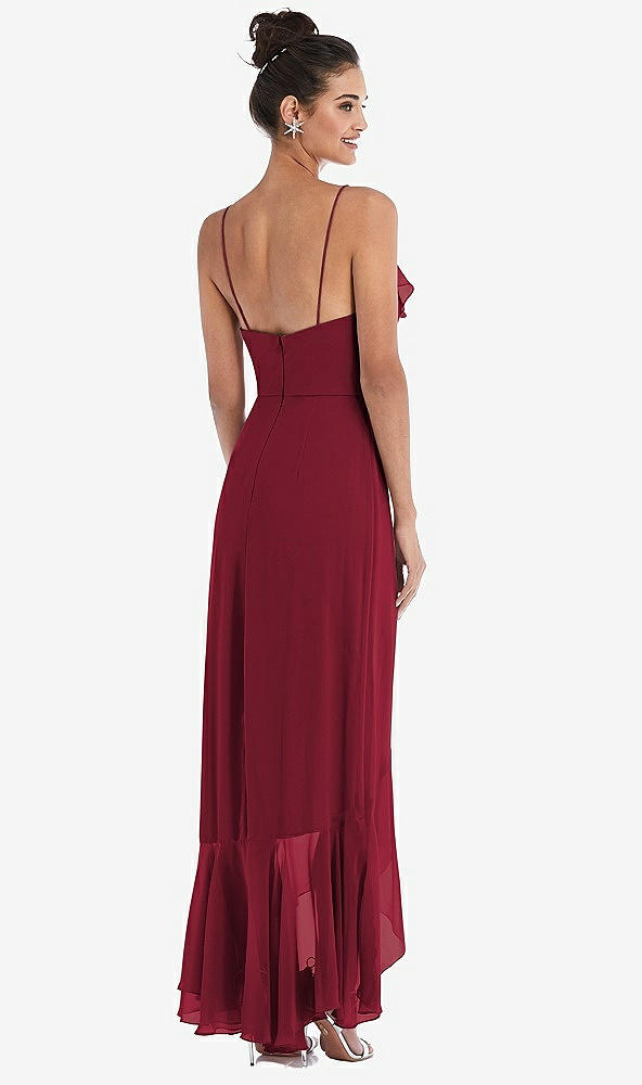 Back View - Burgundy Ruffle-Trimmed V-Neck High Low Wrap Dress