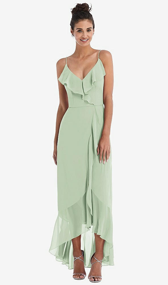 Front View - Celadon Ruffle-Trimmed V-Neck High Low Wrap Dress