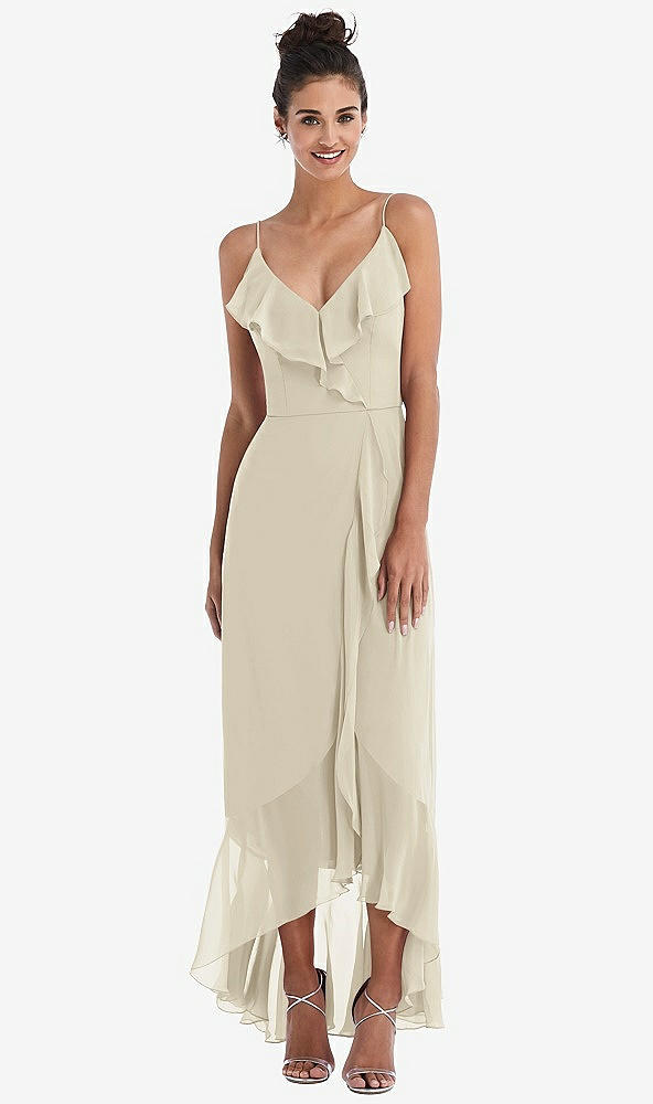 Front View - Champagne Ruffle-Trimmed V-Neck High Low Wrap Dress