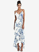 Front View Thumbnail - Cottage Rose Dusk Blue Ruffle-Trimmed V-Neck High Low Wrap Dress