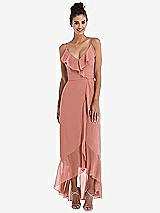 Front View Thumbnail - Desert Rose Ruffle-Trimmed V-Neck High Low Wrap Dress