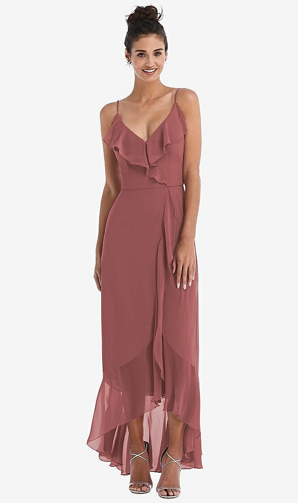 Front View - English Rose Ruffle-Trimmed V-Neck High Low Wrap Dress