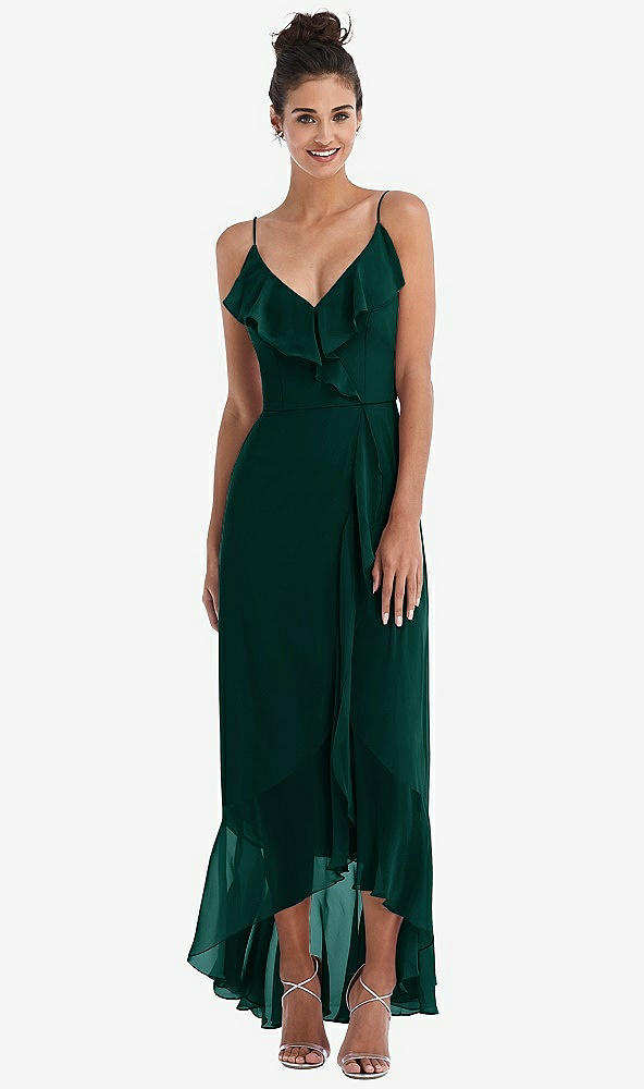 Front View - Evergreen Ruffle-Trimmed V-Neck High Low Wrap Dress