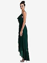 Side View Thumbnail - Evergreen Ruffle-Trimmed V-Neck High Low Wrap Dress