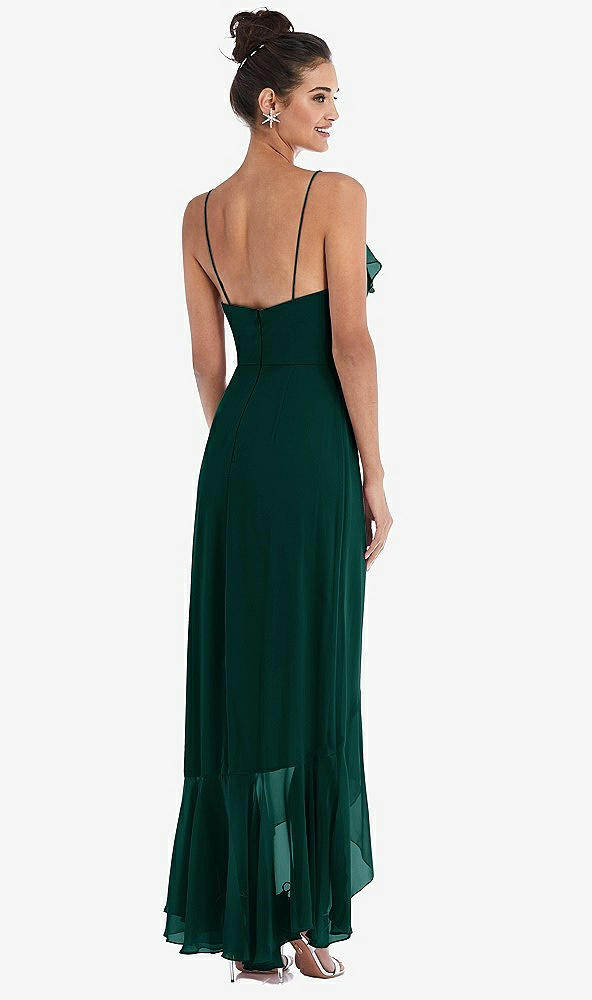 Back View - Evergreen Ruffle-Trimmed V-Neck High Low Wrap Dress