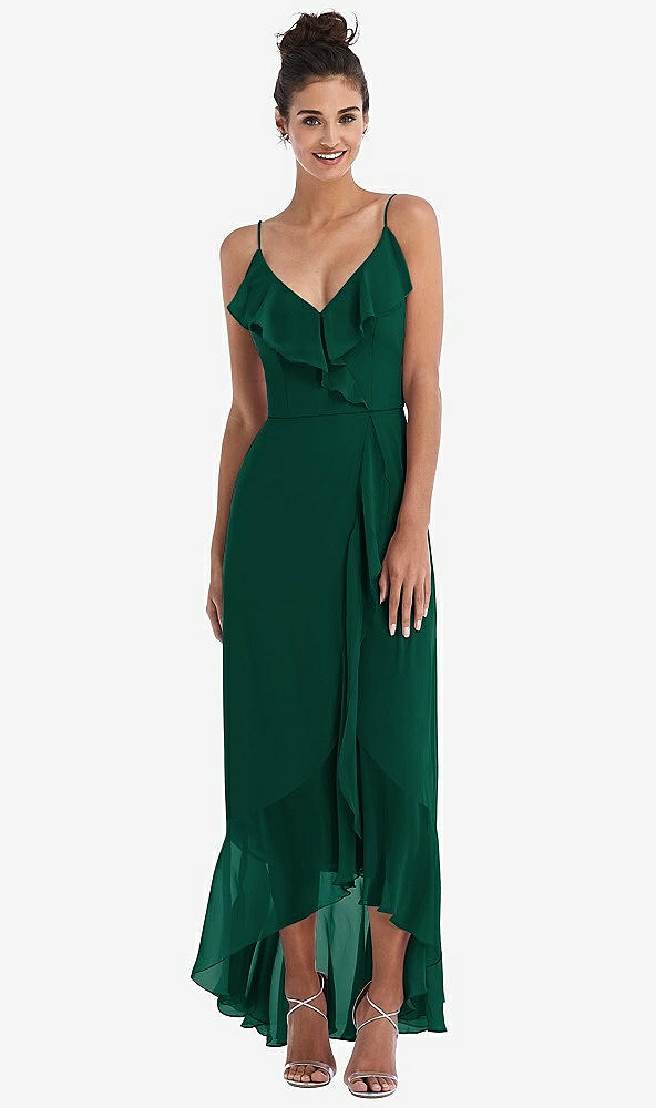 Front View - Hunter Green Ruffle-Trimmed V-Neck High Low Wrap Dress