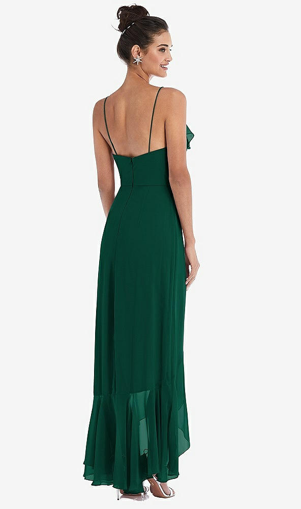 Back View - Hunter Green Ruffle-Trimmed V-Neck High Low Wrap Dress
