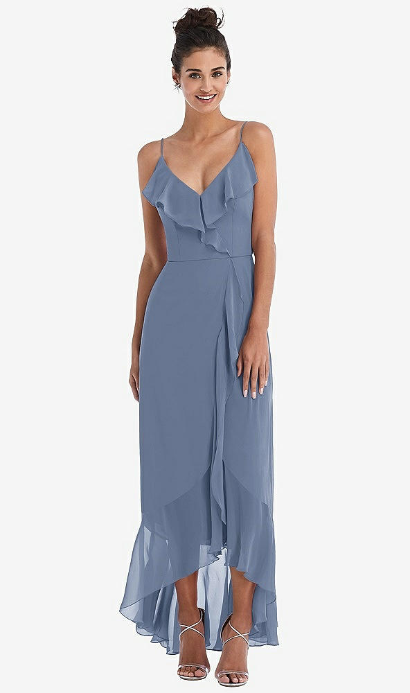 Front View - Larkspur Blue Ruffle-Trimmed V-Neck High Low Wrap Dress