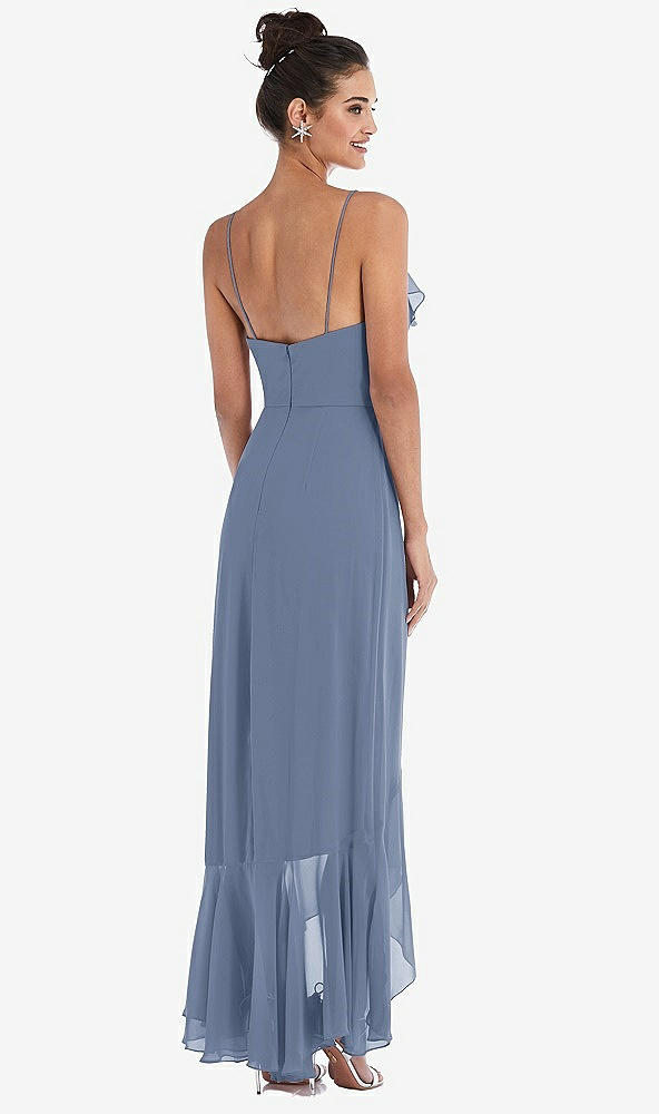 Back View - Larkspur Blue Ruffle-Trimmed V-Neck High Low Wrap Dress
