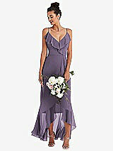 Alt View 1 Thumbnail - Lavender Ruffle-Trimmed V-Neck High Low Wrap Dress