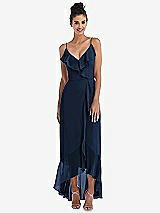 Front View Thumbnail - Midnight Navy Ruffle-Trimmed V-Neck High Low Wrap Dress