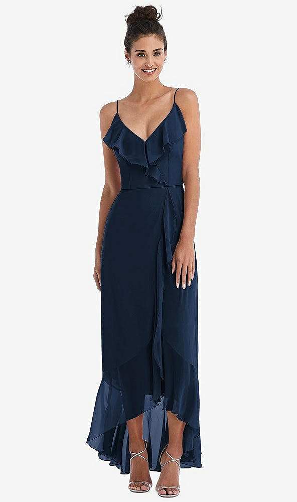 Front View - Midnight Navy Ruffle-Trimmed V-Neck High Low Wrap Dress