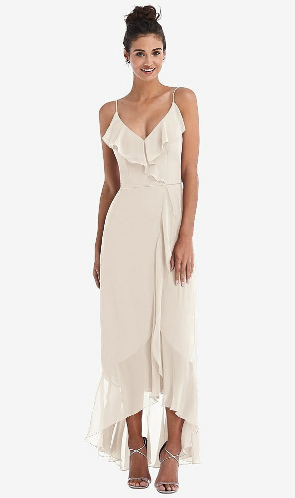 Front View - Oat Ruffle-Trimmed V-Neck High Low Wrap Dress