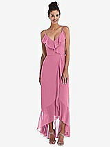 Front View Thumbnail - Orchid Pink Ruffle-Trimmed V-Neck High Low Wrap Dress