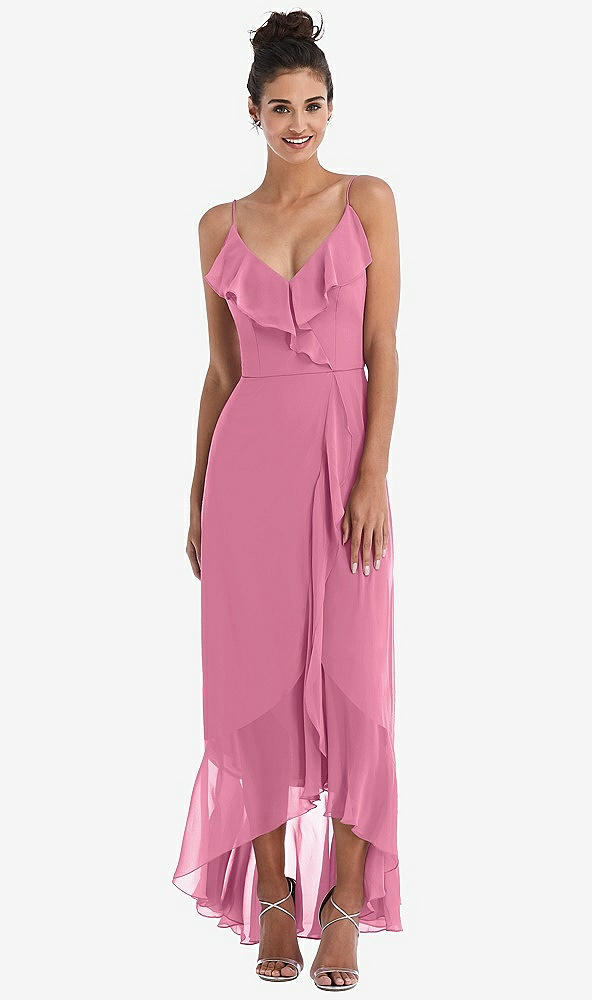 Front View - Orchid Pink Ruffle-Trimmed V-Neck High Low Wrap Dress