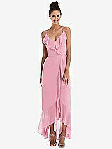 Front View Thumbnail - Peony Pink Ruffle-Trimmed V-Neck High Low Wrap Dress