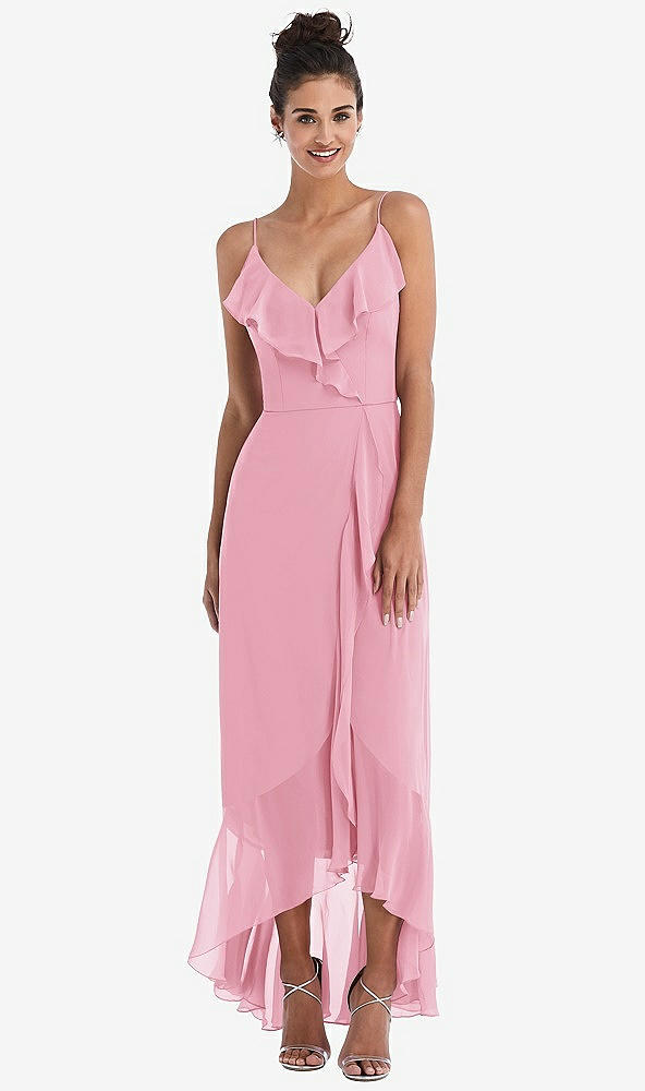 Front View - Peony Pink Ruffle-Trimmed V-Neck High Low Wrap Dress
