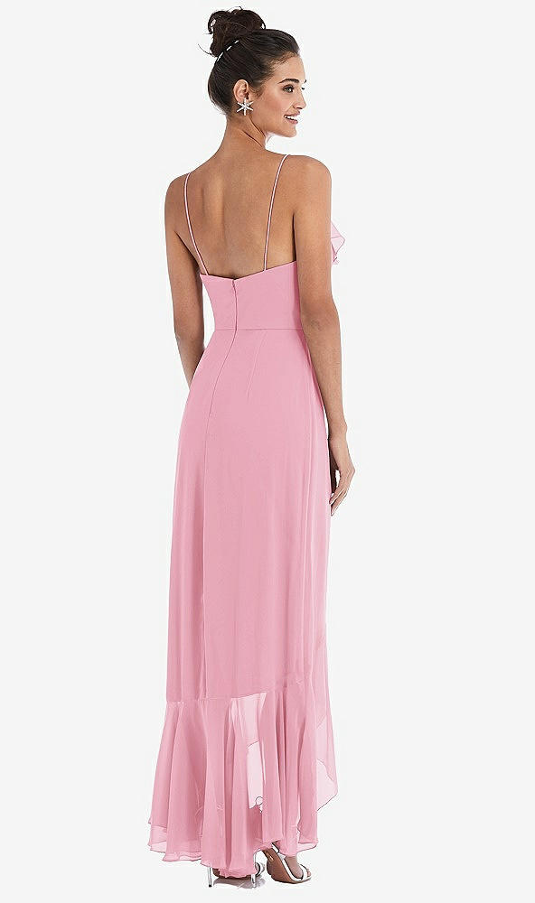 Back View - Peony Pink Ruffle-Trimmed V-Neck High Low Wrap Dress