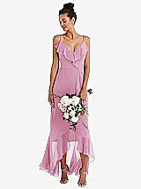 Alt View 1 Thumbnail - Powder Pink Ruffle-Trimmed V-Neck High Low Wrap Dress