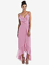 Front View Thumbnail - Powder Pink Ruffle-Trimmed V-Neck High Low Wrap Dress