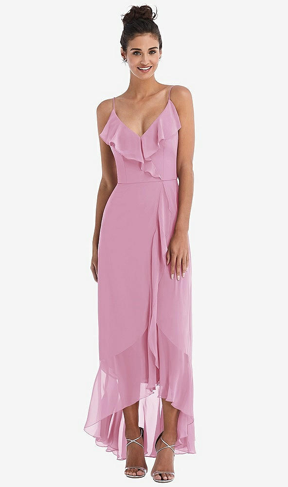 Front View - Powder Pink Ruffle-Trimmed V-Neck High Low Wrap Dress