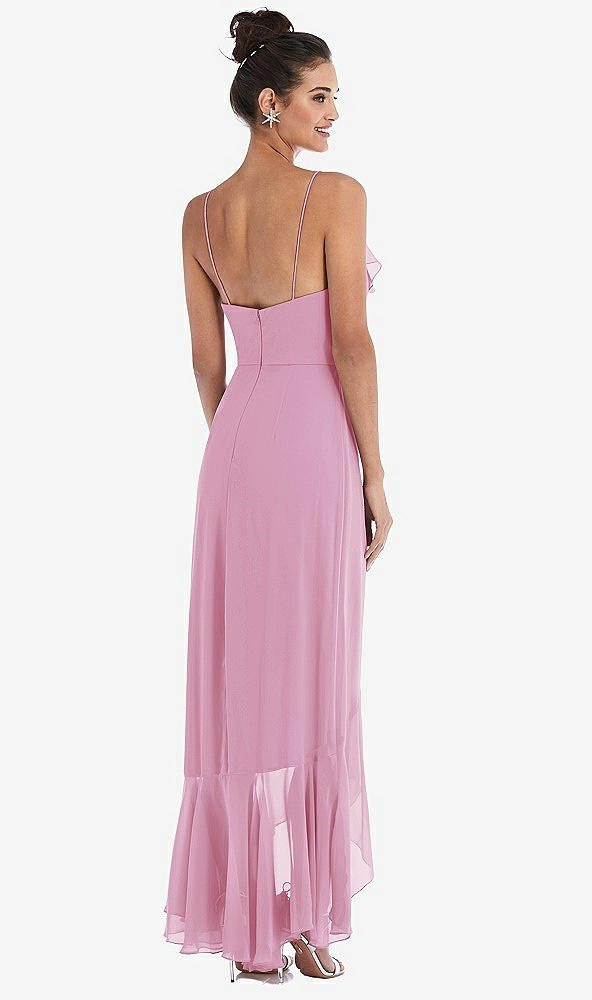 Back View - Powder Pink Ruffle-Trimmed V-Neck High Low Wrap Dress